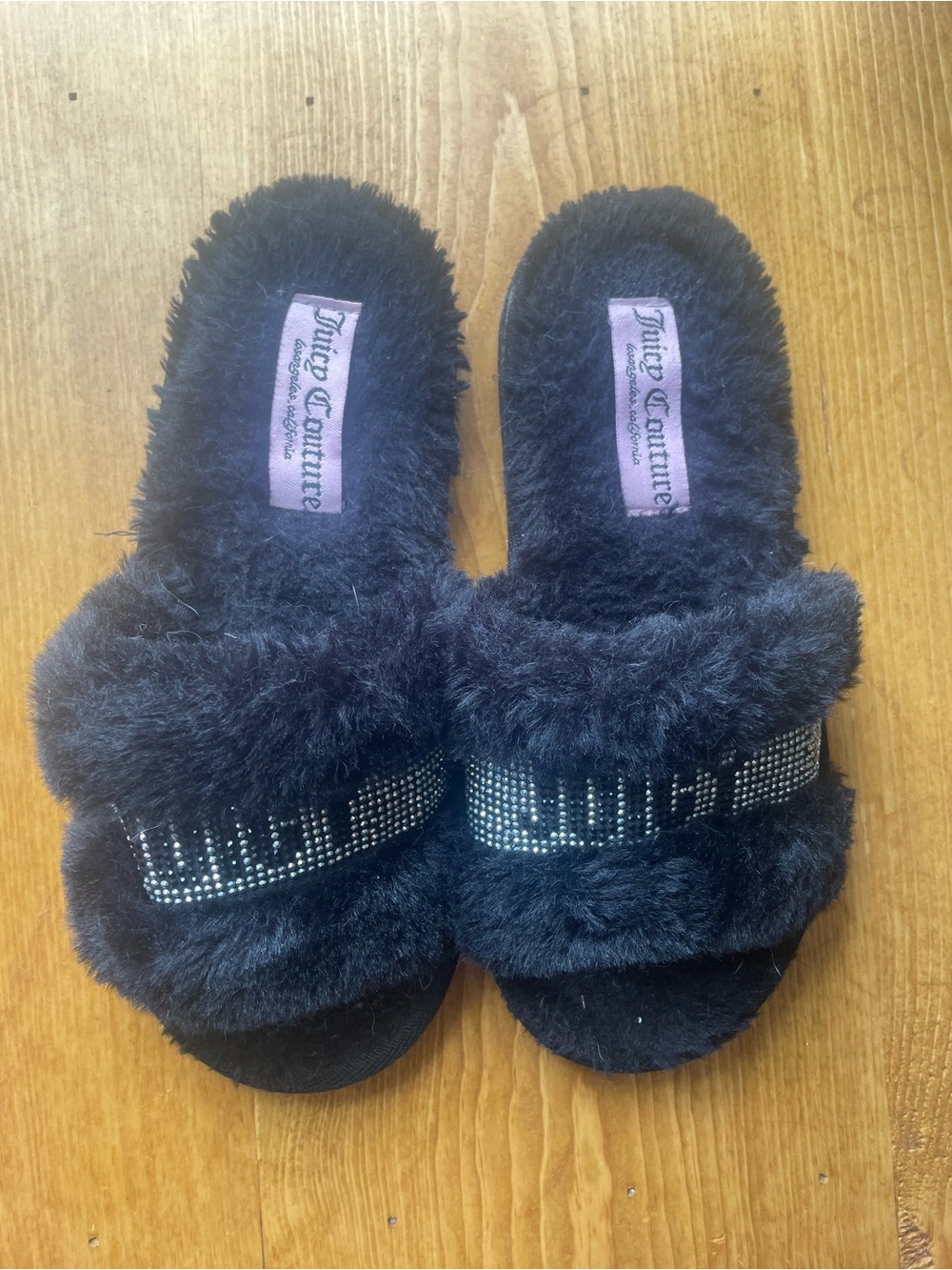 Juicy Couture Black Plush Slide Slippers with Rhinestone Logo Band